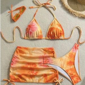 Tropical Orange Floral Bikini Set with Mesh Skirt